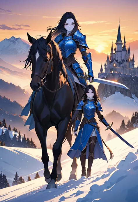 long black hair, white skin, warrior princess, wearing blue armor, holding long sword, in snowy mountain at sunset, walking forward, side by side with black horse with armor, in background there are majestic castle