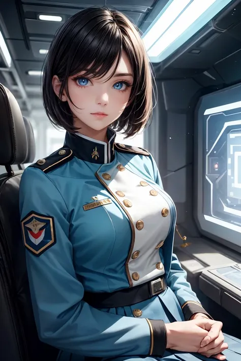 (highest resolution, distinct_image), best quality, masterpiece, highly detailed, semi realistic, a woman with black shoulder length hair, black pupils, mature, mature woman, imperial sister, sexy, short hair, triple bangs, light blue uniform, light blue u...