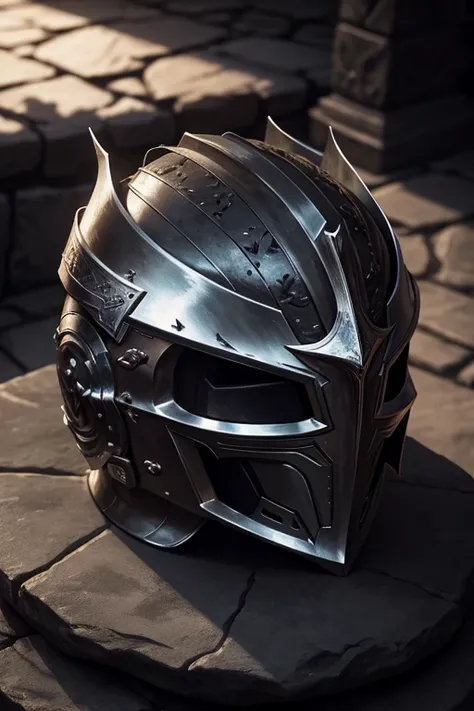 a detailed knights helmet sitting on a stone surface, dark moody lighting, dramatic shadows, high contrast, intricate metalwork, polished metal, tarnished and weathered, medieval fantasy, cinematic composition, dramatic lighting, chiaroscuro, moody atmosph...