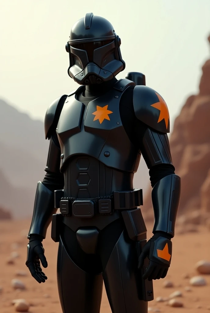 
#CloneTrooper #Armour #StarWars #BlackArmor #Helmet #TacticalGear #PlastoidMaterial #CombatReady #SciFi #Futuristic #Soldier #Battlefield #Commanders #EliteTroopers #Giant orange star on the armors chest that goes all the way down to the armors arm 