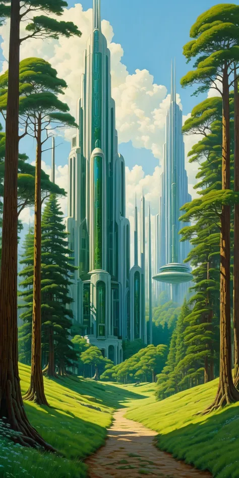 ralph-mcquarrie style, greek architecture done in a sci-fi style on a beautiful forest and meadow scene with tall buildings and open green spaces, oil painting, beautiful, highly detailed fantastic fantasies, 