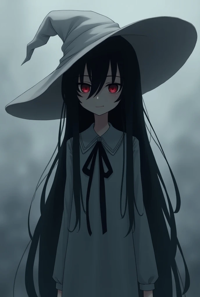 "A dark, stylized anime character with long, flowing, and unkempt black hair that is very lengthy, almost reaching the waist, and pale skin partially obscured by shadows. The character wears a large, wide-brimmed white witch hat, adding a mysterious and so...