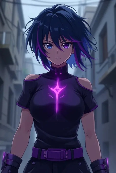 anime tall teenage female, dark blue short wild hair with purple tips, black and purple short sleeve clothing with purple light on the chest, fighting gloves blue or purple eyes