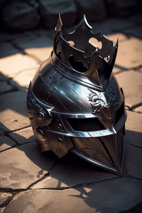 a detailed knights helmet sitting on a stone surface, dark moody lighting, dramatic shadows, high contrast, intricate metalwork, polished metal, tarnished and weathered, medieval fantasy, cinematic composition, dramatic lighting, chiaroscuro, moody atmosph...