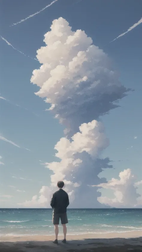 man looking at the sea, horizon, cumulonimbus cloud