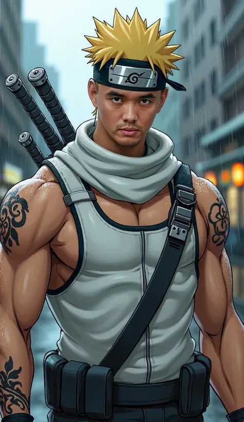 close-up image of a muscular man imitating the character Killer bee from the anime series Naruto Shippuden. The costume consists of a white scarf around the neck, a one-sleeved white chest vest with a robotic theme, two swords on the back and a full tattoo...