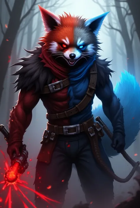  Draw Kayn from League of Legends red panda version ,  the left side of the panda is being corrupted by darkness , In his left hand he has a giant Oz with the edge of the blade upwards ,  supported by his shoulder, generating marks on it leaving a demonic ...