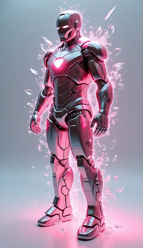 glass shaped ironman, , glass, broken , make glass , pink color, glass, hd , illuminating, realistic 8k 