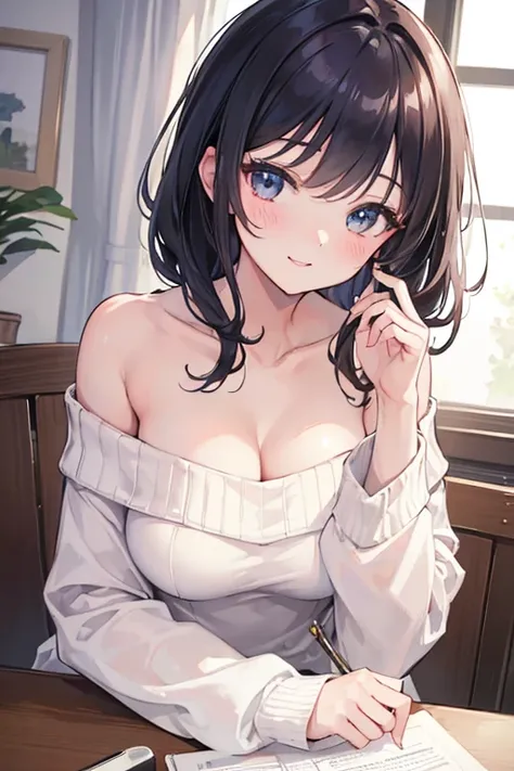 (masterpiece,  The best quality:1.2), (highres, Abstract:1.1), ultra detail, 1 girl, linda pose, sweater, off the shoulder,  half-open lips , smile, blush