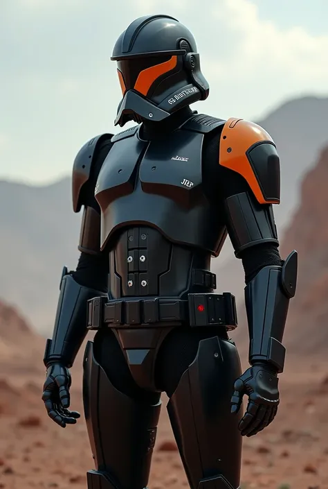 
#CloneTrooper #Armour #StarWars #BlackArmor #Helmet #TacticalGear #PlastoidMaterial #CombatReady #SciFi #Futuristic #Soldier #Battlefield #Commanders #EliteTroopers #Orange details on both shoulder pads of the tactical dark green 