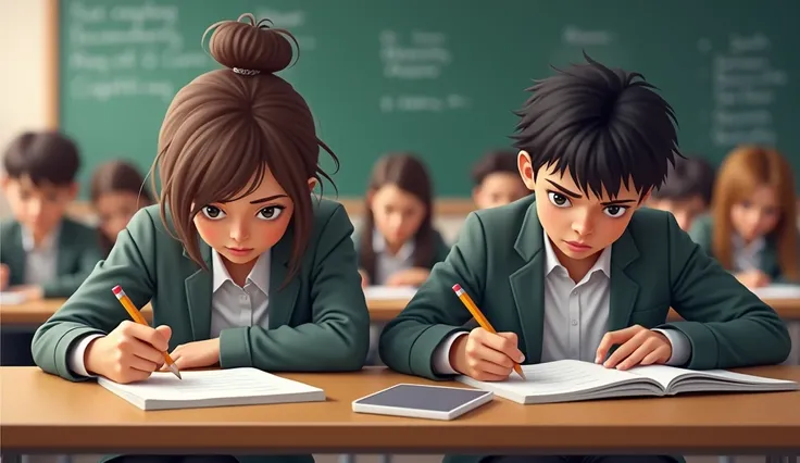 Male and female high school students taking tests seriously