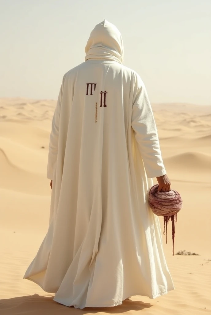 A person from behind wearing a white cloak with a white hood too, he is facing away 

The person is in a desert / She holds a blood-stained turban in her right hand. 

There is a small print on the back of the white cloak, with the number 3 (in Roman numer...