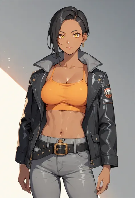 score_9, score_8_up, score_7_up, source_anime BREAK 1girl, brown skin, black hair, yellow eyes, wearing early 2000s based fashion, opened black jacket, orange strapless tank-top, belt, gray cargo pants, looking at viewer,
