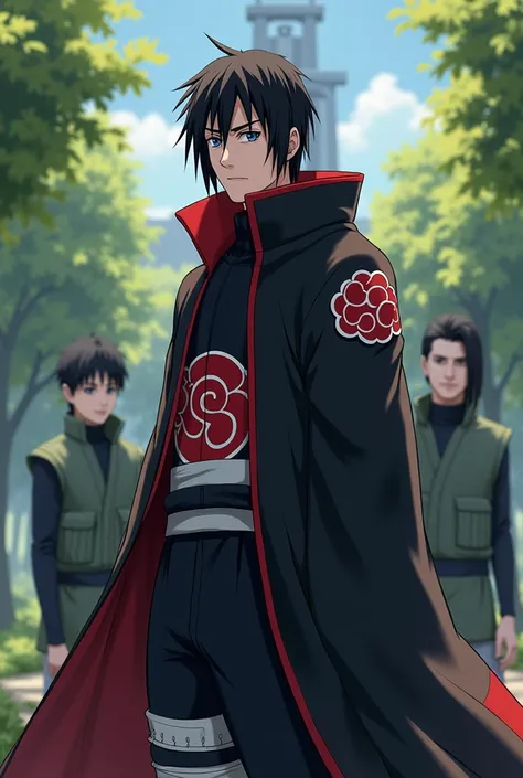 Generate a hyper-realistic image of Itachi Uchiha weari ng his Akatauki dress skillfully  Itachi get the hokage in hidden leaf Village and Kakashi Obito and Jiraiya was happy  and fine details capture in hidden leaf Village and the ambiance of the hidden l...