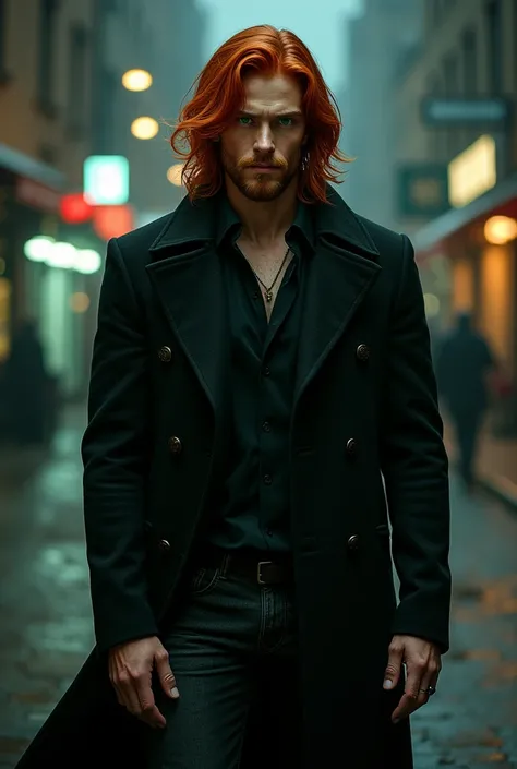 Sexy man green eyes long red hair overcoat black overcoat black jeans at night 