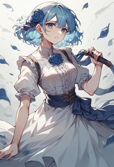 long ultramarine hair 、 blue rose corsage、 white dress、Bloodstain、Young lady、mother、battlefield