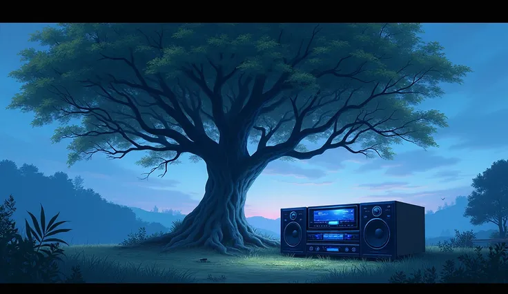 magic tree,  stereo with blue tones, at dusk, magical atmosphere, style Ghibli studio