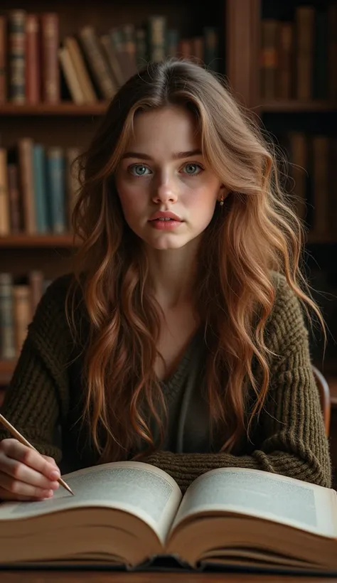 hermione granger, with a disheveled mane of brown hair, beautiful and sweet girl, loves to read, hogwarts school of witchcraft student from gryffindor house, in the style of norman rockwell, cozy, whimsical, warm tones, inviting and nostalgic lighting, enc...