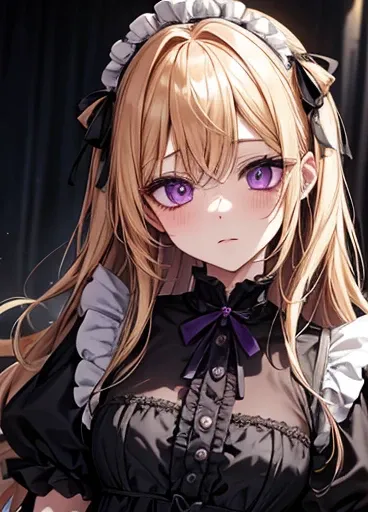 {Golden Hair}{Lori gothic }{female}、Purple Eyes、 gothic fashion、かわいいfemaleの子、Arranged Hair、{Ruffled clothing、Fall into Darkness、Illness、}、 face up、darkness、{Maid}{mysterious}