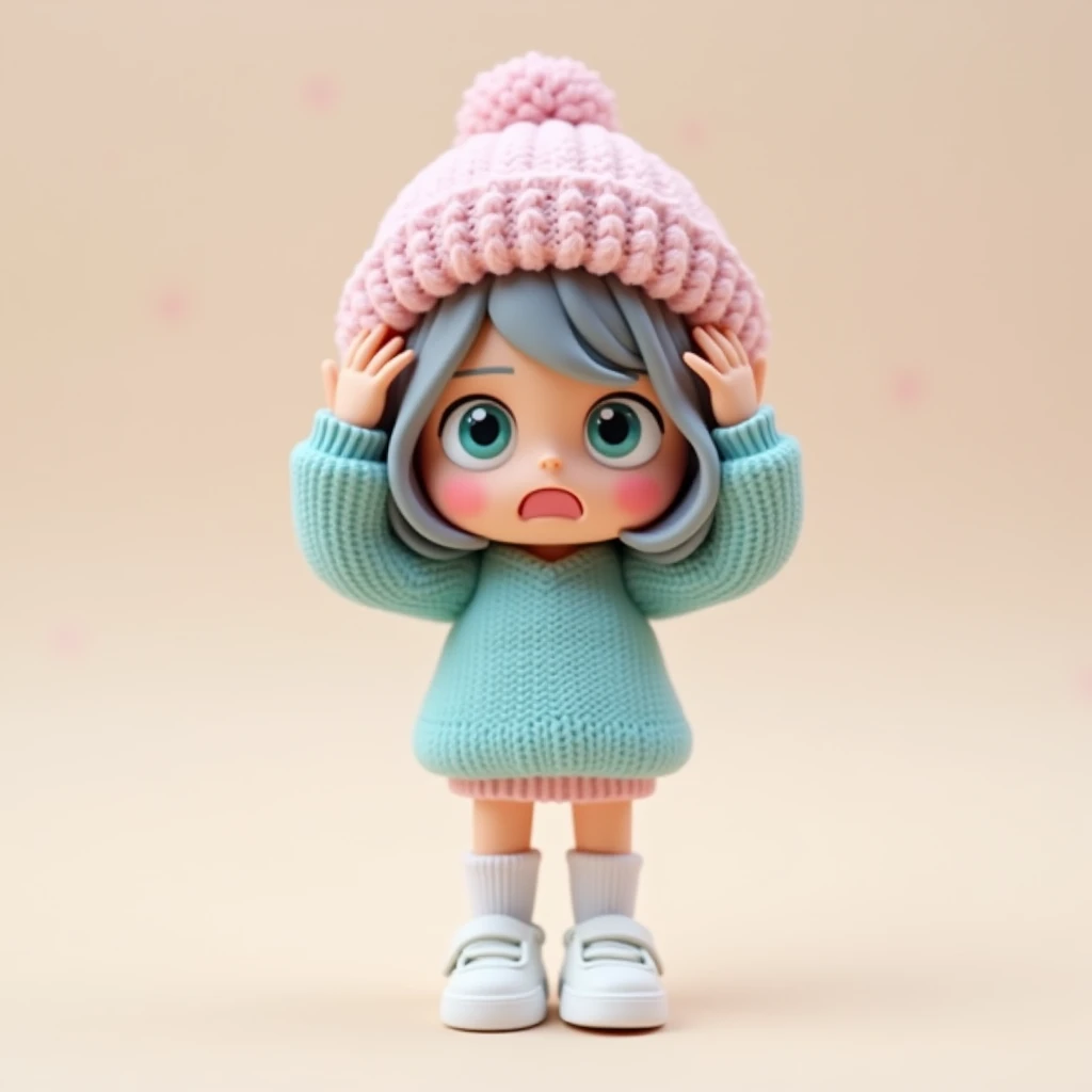 Create "A 3D art toy of a  girl with muted gray hair, wearing a pastel pink knitted beanie. She has big aquamarine eyes and a pained expression on her face, holding her head with both hands as if she has a headache. She wears a pastel blue knitted sweater,...