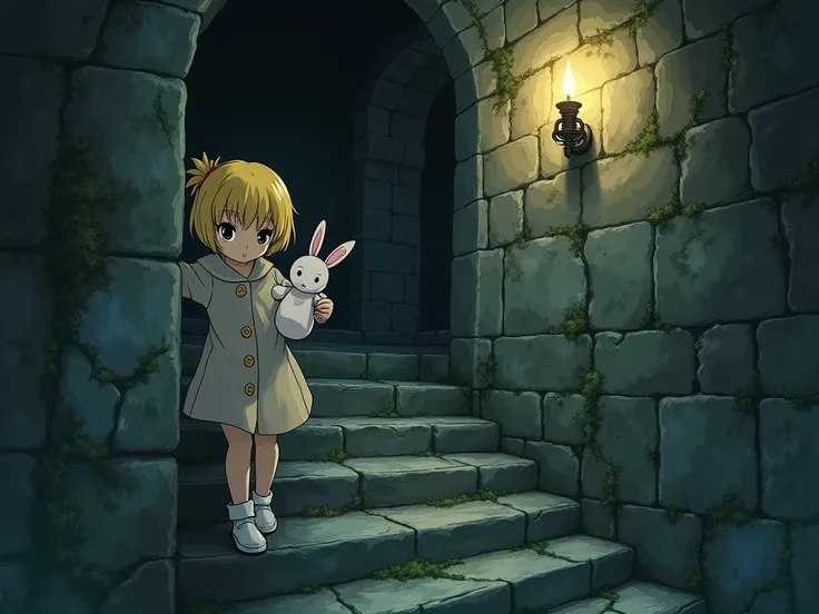  Japanese anime style， A little girl with blond hair facing the camera head-on ， carefully walking down the stone steps of the underground dungeon。She supports the stone wall with one hand ， holding a rabbit doll 。 and the dungeon environment is ancient an...