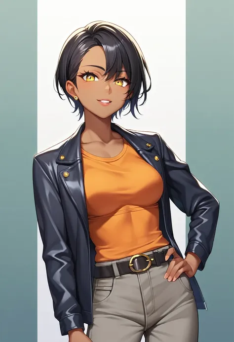 score_9, score_8_up, score_7_up, score_6_up, score_5_up, score_4_up, source_anime BREAK 1girl, brown skin, black hair, yellow eyes, wearing early 2000s based fashion, opened black jacket, orange top, belt, gray cargo pants, looking at viewer,
