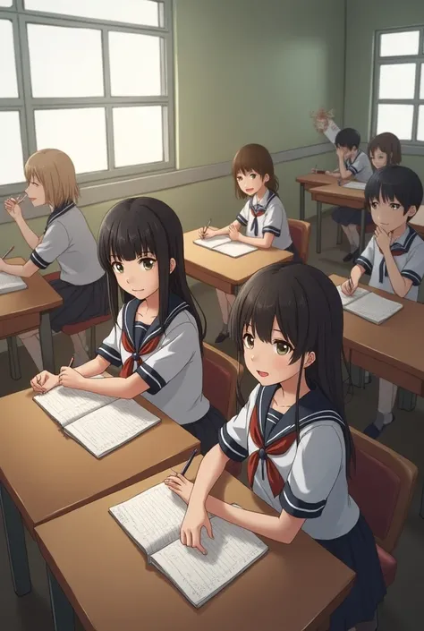  A classroom with students writing in their notebook . A brigadier girl sitting at her desk with her friend , who look back and look at the last table where a girl is sitting, that girl looks at her with a serious look and sticks out her tongue 