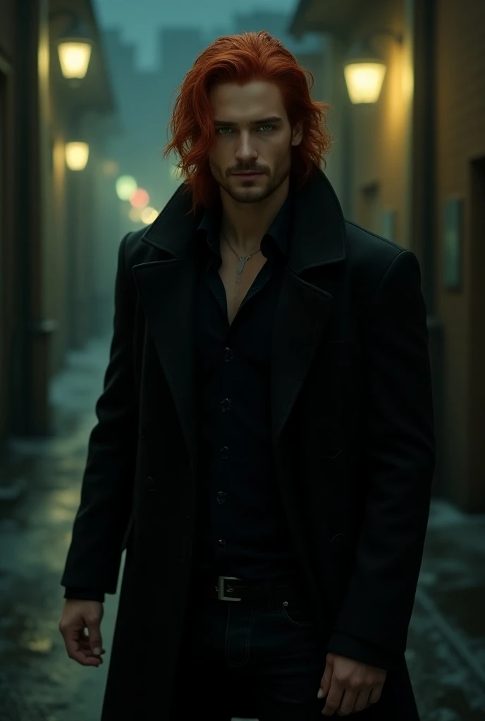 Sexy man green eyes long red hair overcoat black overcoat black jeans at night 