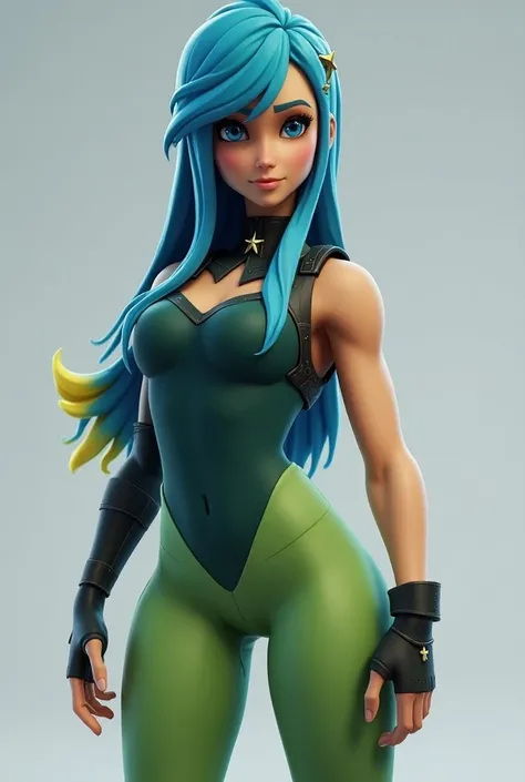 fortnite style ,  long blue hair with yellow tips , wide hips, blue eyes, large cilia, Allstar , dark green top with neckline ,  light green smooth full body leggings,  with the observers back ,  with upturned bum butt ,  camel foot , 