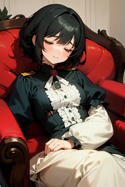 a cute girl, gorgeous face, has a sleepy look, a soft expression and a sleepy aura, she is smiling a little, curly short hair, black hair with red highlights, sleepy gray eyes, wears a military outfit from the Victorian era, she is resting in an armchair, ...