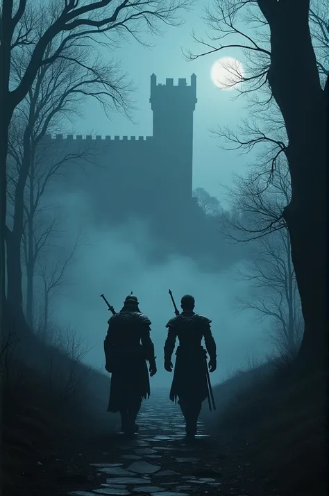 A Very Clear Ultra HD dynamic image of"A dark, foggy night. King Virendra, wearing a regal armor with a sword, walks with determination towards an ancient, ominous castle. His trusted companion, Commander Arjun, walks beside him, dressed in military attire...