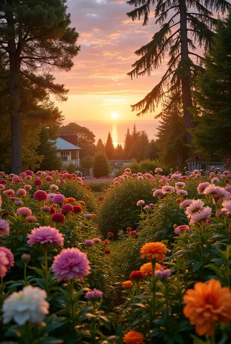 hyper-realistic photo of a garden adorned with flowers and trees at sunset