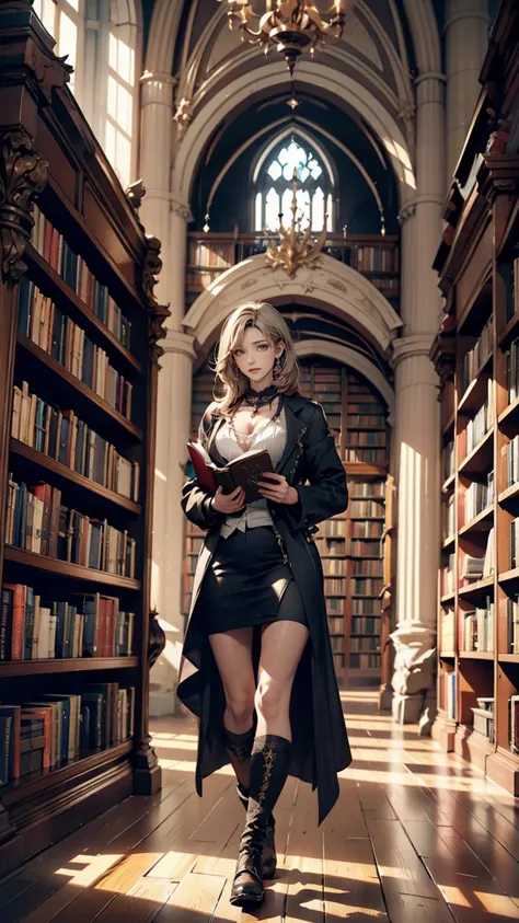 There is a picture of a woman walking through a bookstore, Gothic Epic Library concept, Gothic Epic Library, Gothic Library, Ruina&#39;s Library concept art, Ancient Libraries, Book Cave, Magic Library, The Eternal Library, Dark Library, Dusty Library,  An...