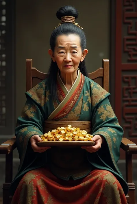 A serious old woman in Qi during the Warring States period ，A serious old woman is sitting on a chair ， The prime minister holds a wooden plate containing 102 gold ingots and presents it to the old woman，The key old woman didnt reach out to pick it up ，Chi...