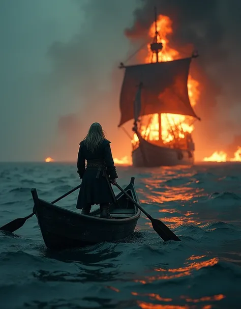 a pirate standing in a rowboat in the middle of the ocean, looking at a burning pirate ship with black sails, dramatic lighting, cinematic composition, realistic 3D, highly detailed, vibrant colors, epic scene, dramatic atmosphere, photorealistic, 8k, best...