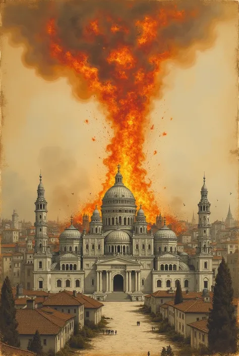 DnD Art. An image in a yellowed old book, faded colors, almost no colors, a drawing: A fire tornado destroys a city with domes and majestic white buildings. The entire image fits entirely on one page of the book.