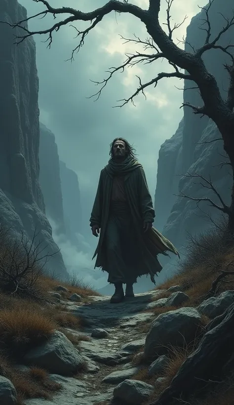 A dark and moody illustration of Cain wandering alone in the wilderness.