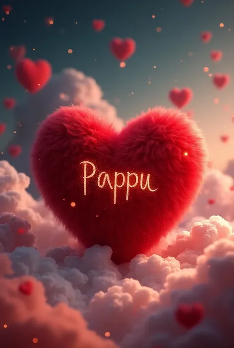 Image of furry red heart in beautiful background with glitters, the name "Pappu" written in Heart with golden color 