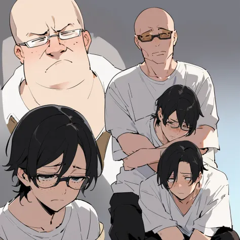 18 years old、male、male子高校生、Bald、Freckles、Glasses、fat、uncool ,  white shirt 、 black pants 、Sad look、 depressed 