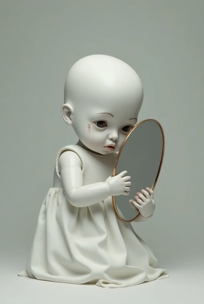 Big doll ,white color,  crying looking at a mirror