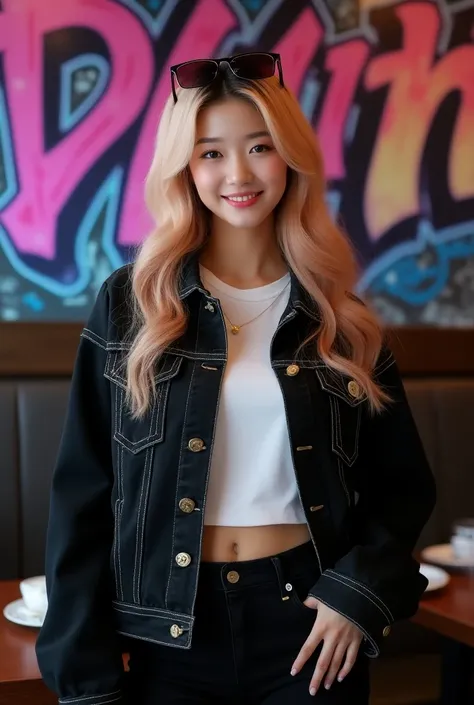 professional photography, very good photos, best quality, UHD, Canon DSLR camera, beautiful Korean woman with a sweet smile, walking in the middle of a luxurious restaurant, rose gold blonde hair and long platinum waves, wearing a black jean jacket with wh...