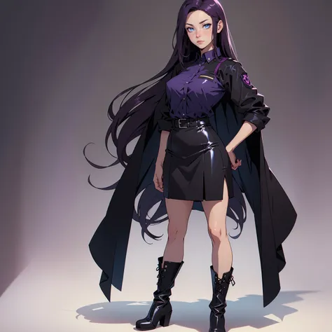 (perfect, masterpiece), 1 girl, very detailed, neutral facial expression, figure, medium breasts, long hair, dark purple hair, blue eyes, looking at viewer, black uniform shirt, black skirt, black boots, standing pose.