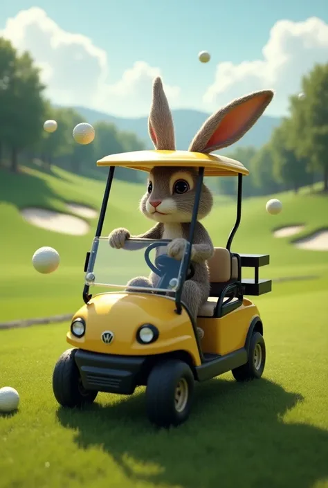 A Maromba , Humanoide,  rabbit driving a golf cart, golf balls flying ,  golf course in the background 