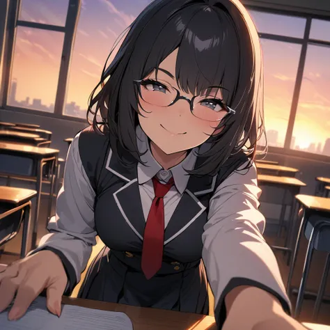 Masterpiece,  old girl, black school uniform, Red Tie, bangs, glasses, by the wide, black hair, in a classroom, Incoming Huge, at dusk, smile, high quality 