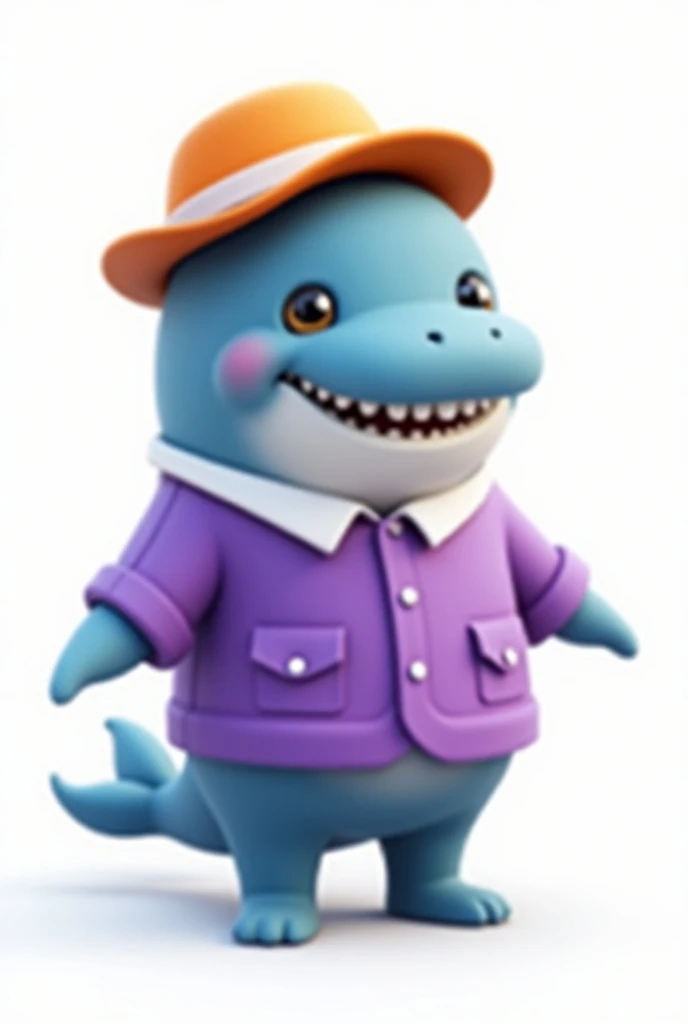 Create a mascot for your marketing business featuring a smiling, 2d cartoon-style whale with a rounded body, bulbous eyes, and a tiny blowhole, wearing a vibrant, bright purple button-down shirt with a relaxed fit and a white collar, paired with a matching...