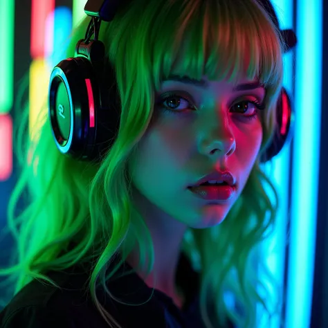 a girl with green hair wearing a neon light headphones