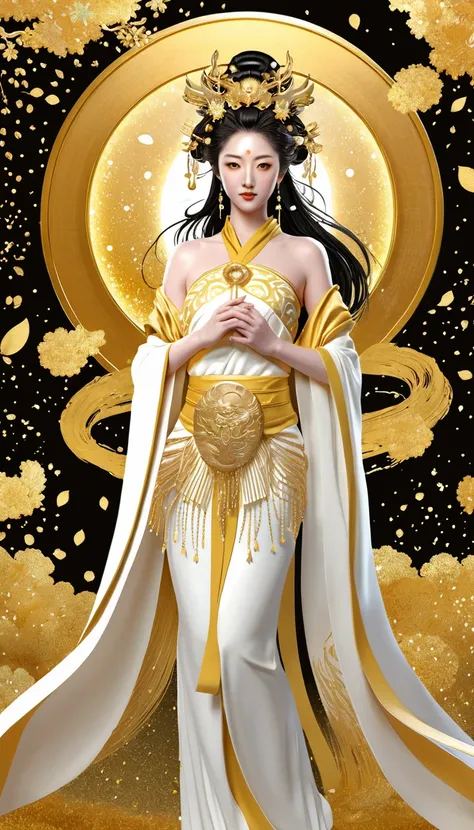  gold particles to create a 、日本god話の女godの画像です。It is an image of a goddess in Japanese mythology with 、 gold particles wrapped around a white and gold costume 、god々 with a ３ D-style illustrations with 、 painting style for women in their 30s and up 。, please...