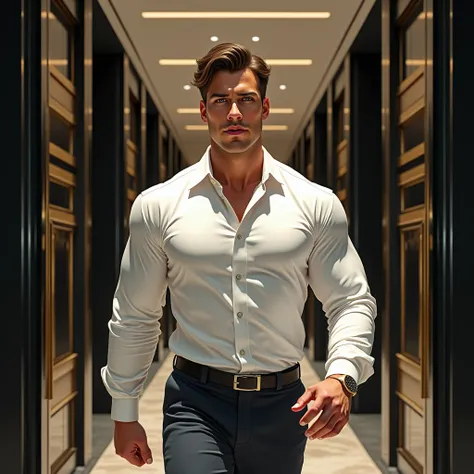 A handsome young man with European features, brown hair, white skin, thick red lips, Long eyelashes, green eyes,very muscular, TALLER AND ROBUSTO MUSCULAR under cltothes, detailed facial features, He is totally serious, beautiful detailed eyes, beautiful a...