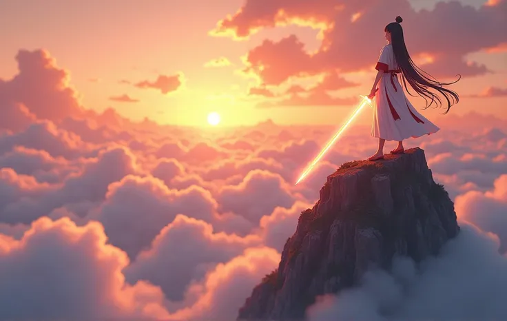 A towering stands on a mountaintop, surrounded by a vast sea of clouds. The sky is filled with thick clouds, and the rising sun casts a golden glow across the entire scene,A beautiful and fierce woman with long black hair, dressed in a white outfit with re...