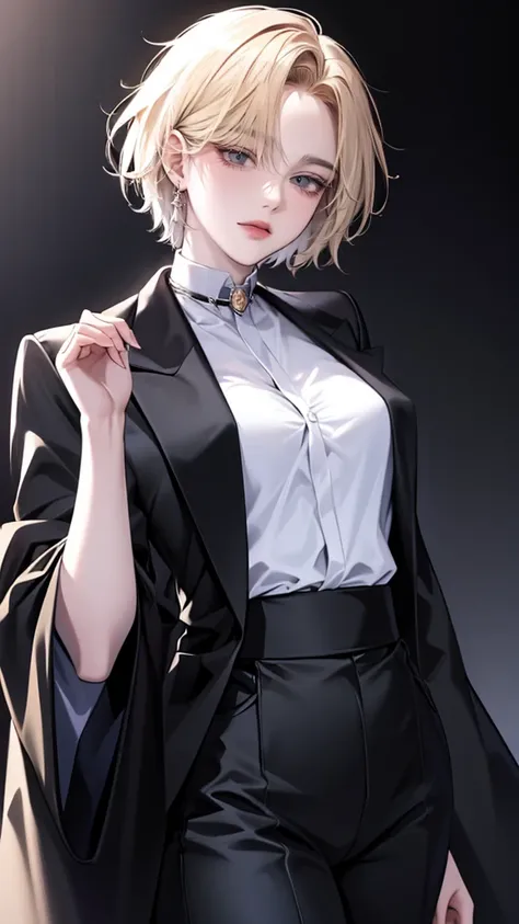 One Beautiful woman、gold short hair、Hairstyle with black end color、Golden eyes、anime makeup、"A woman with a cute and androgynous face"、white skin、cute eyes、Very thin eyebrows、tall、stylish black gothic fashion、long sleeves long pants、Winter clothes、19 years...